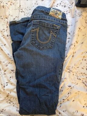 True Religion Women's Dark Blue Skinny Jeans with Signature Back Stitching